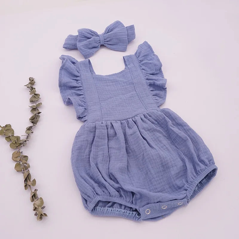 Personalized Summer Newborn Infant Baby Girls Romper + Headband Muslin Sleeveless Rompers Kids Onepiece Fashion Baby Clothing