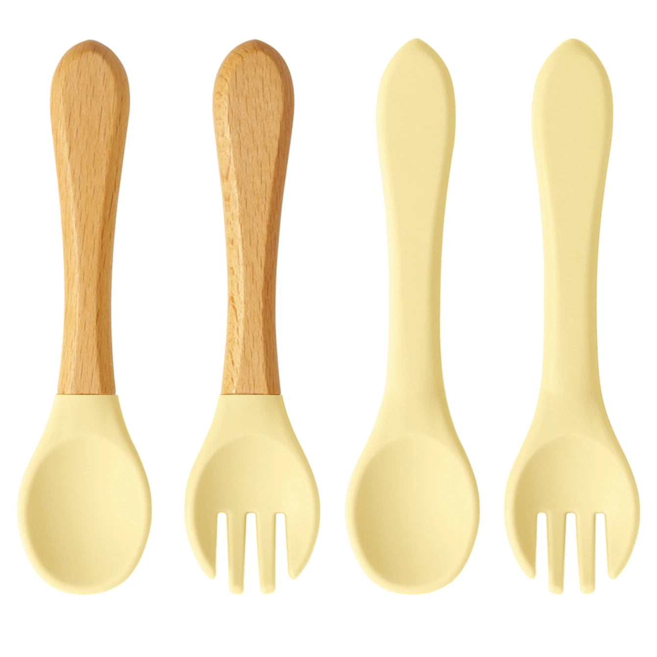 Ensemble de 4 cuillères et fourchettes en silicone Color Kids, sans BPA, avec manches en bois, pour l'apprentissage de l'alimentation des bébés et des nouveau-nés. Accessoires pour nourrissons et nouveau-nés.