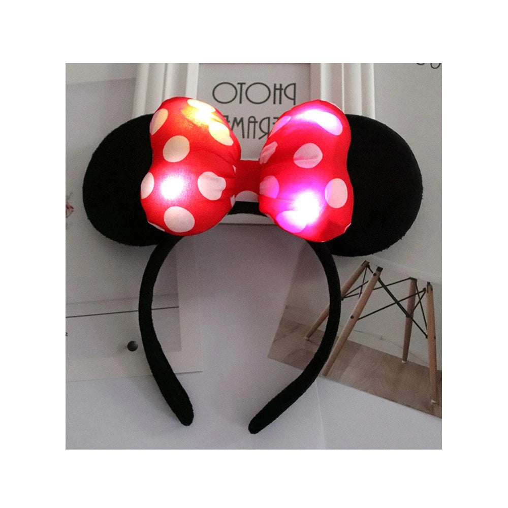 Serre-tête lumineux Minnie Mouse à oreilles de souris, nœud à pois, accessoires pour cheveux pour enfants, lumières clignotantes et jouets colorés.