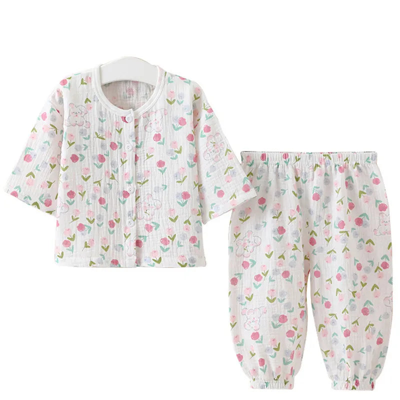 Boys Girls Pajamas Baby Suits Clothes Muslin Cotton Short Sleeve Homewear Children Family Outfits Shirt Tops+Pants 2PC 1-10T