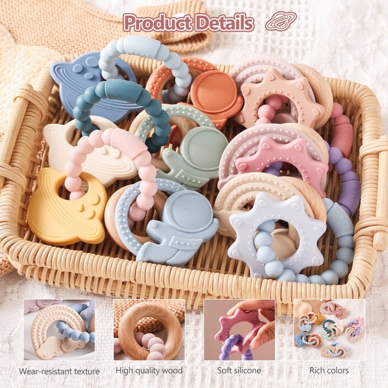 Anneau de dentition en silicone alimentaire (1 pièce), jouet pour bébé de 0 à 12 mois, anneau de dentition sensoriel pour tout-petits, bracelet de dentition planète en silicone. Accessoires inclus.