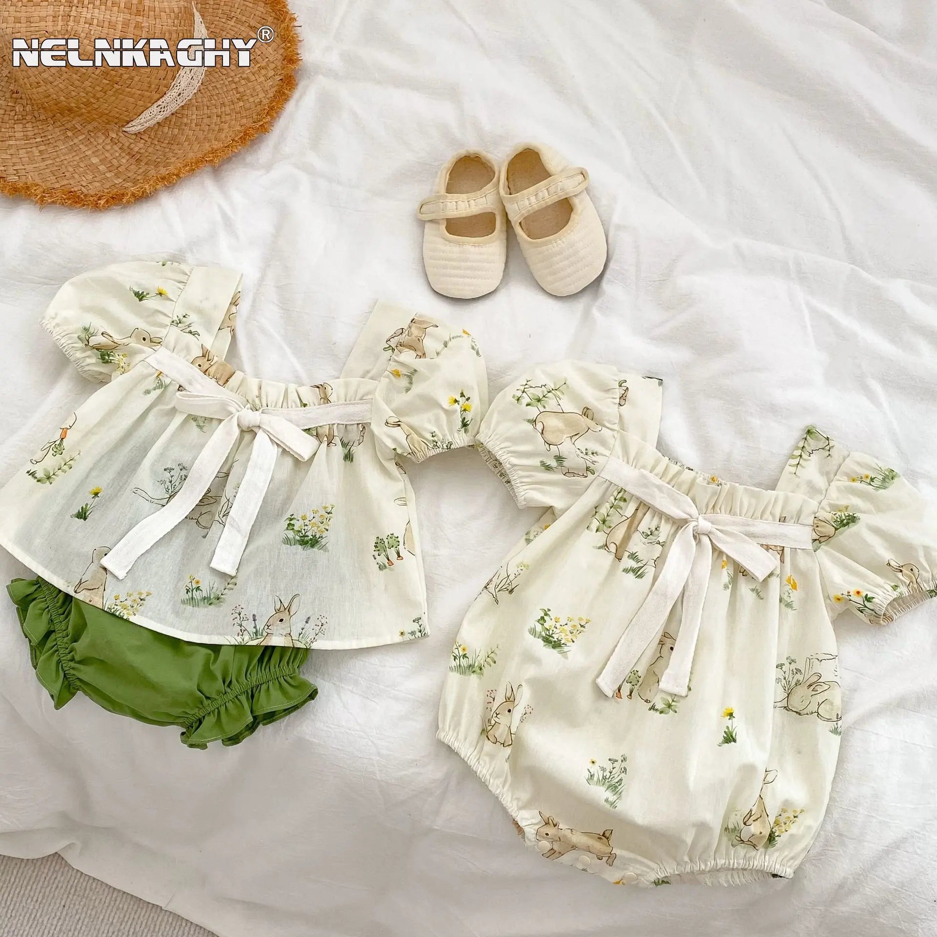 Ensemble 2 pièces « Ma sœur et moi » pour nouveau-né : body ou vêtement princesse à manches bouffantes et imprimé lapin, avec nœud, en pur coton pour bébé fille.
