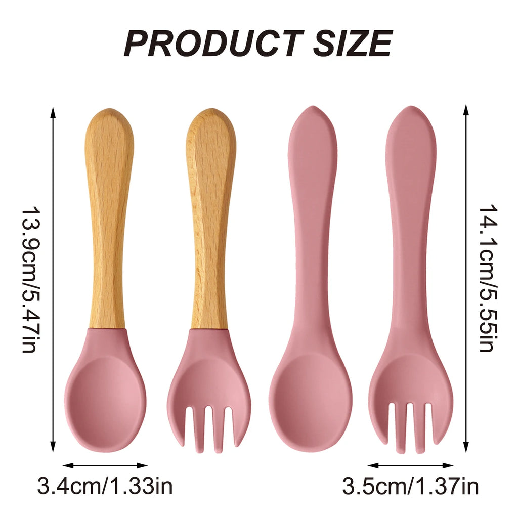 Ensemble de 4 cuillères et fourchettes en silicone Color Kids, sans BPA, avec manches en bois, pour l'apprentissage de l'alimentation des bébés et des nouveau-nés. Accessoires pour nourrissons et nouveau-nés.