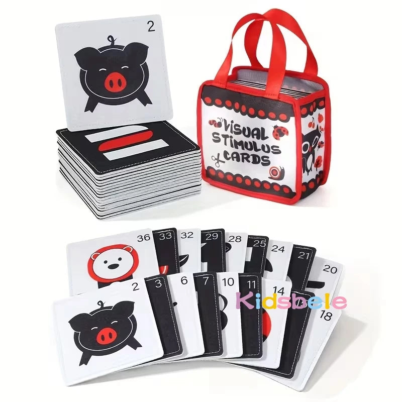Carte Montessori en tissu doux à contraste élevé, jouet de stimulation visuelle noir et blanc pour l'apprentissage des nouveau-nés.