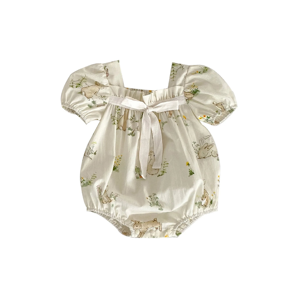 Ensemble 2 pièces « Ma sœur et moi » pour nouveau-né : body ou vêtement princesse à manches bouffantes et imprimé lapin, avec nœud, en pur coton pour bébé fille.