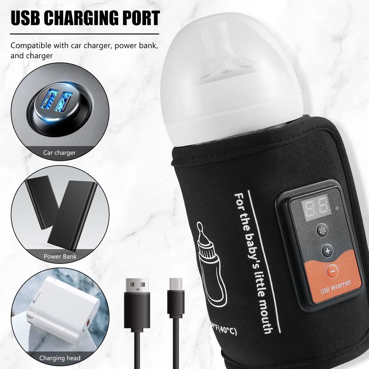 Chauffe-biberon USB avec température réglable et sac isotherme portable.