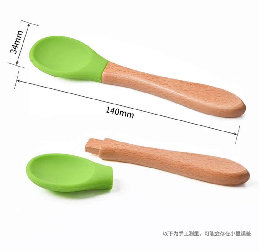 Ensemble de 2 cuillères et fourchettes en silicone pour bébé avec manche en bois - Accessoires d'alimentation pour nourrissons et tout-petits.