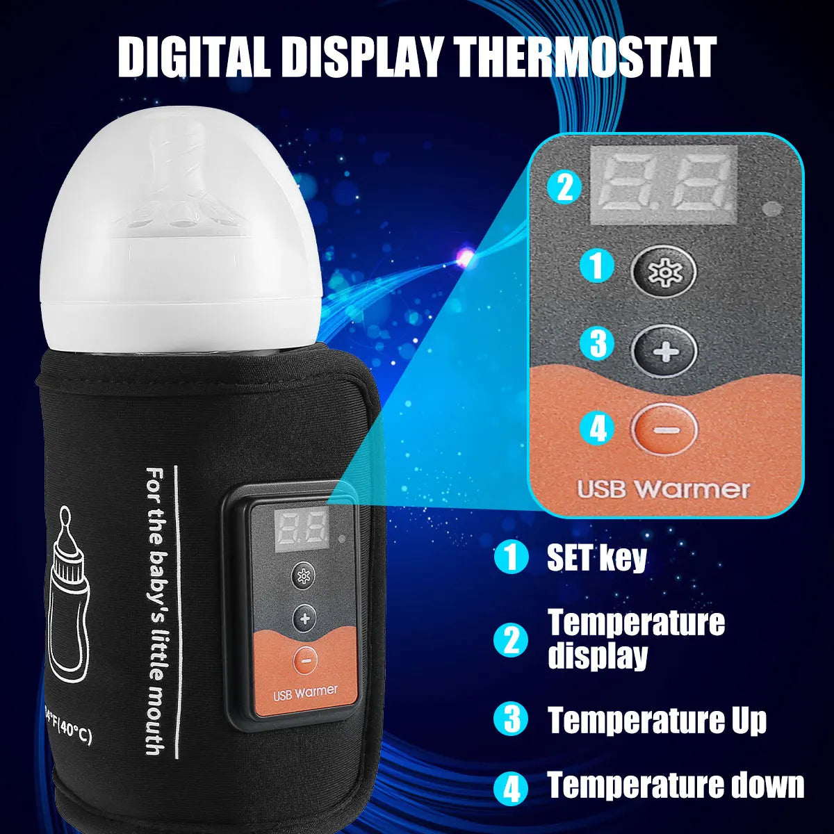 Chauffe-biberon USB avec température réglable et sac isotherme portable.