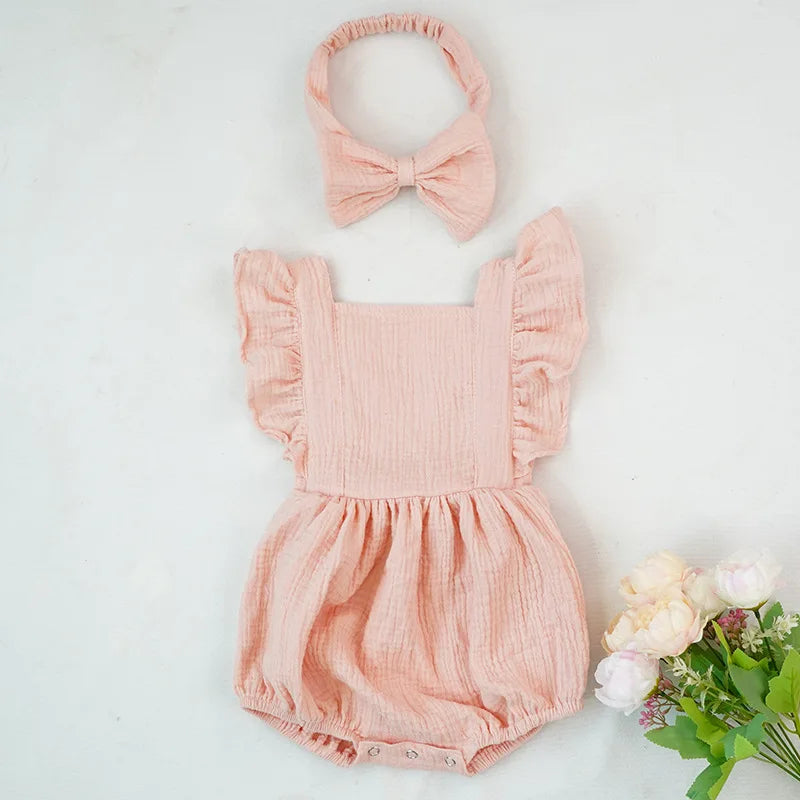 Personalized Summer Newborn Infant Baby Girls Romper + Headband Muslin Sleeveless Rompers Kids Onepiece Fashion Baby Clothing