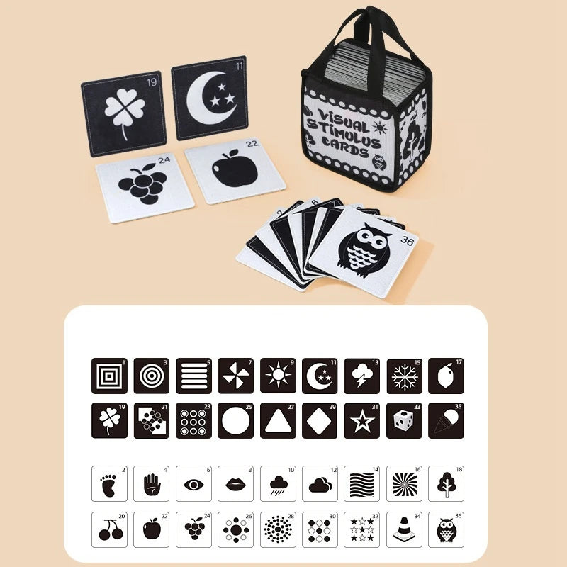 Carte Montessori en tissu doux à contraste élevé, jouet de stimulation visuelle noir et blanc pour l'apprentissage des nouveau-nés.