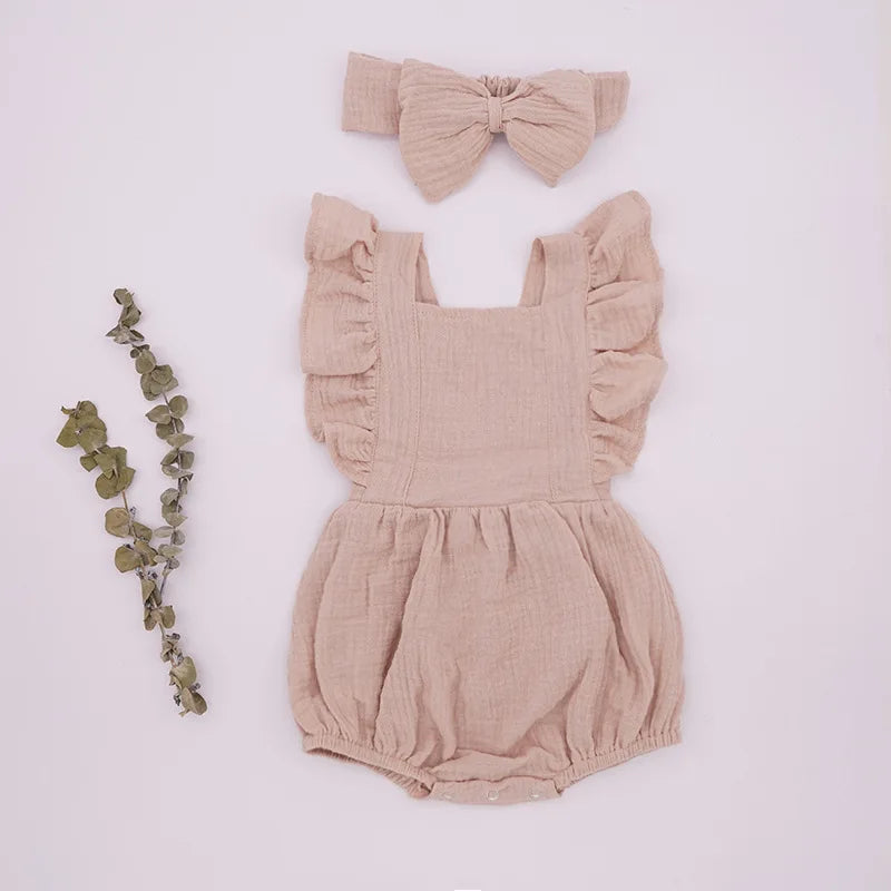 Personalized Summer Newborn Infant Baby Girls Romper + Headband Muslin Sleeveless Rompers Kids Onepiece Fashion Baby Clothing