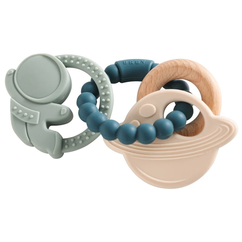 Anneau de dentition en silicone alimentaire (1 pièce), jouet pour bébé de 0 à 12 mois, anneau de dentition sensoriel pour tout-petits, bracelet de dentition planète en silicone. Accessoires inclus.