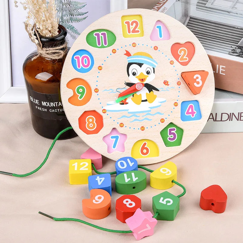 Puzzle horloge en bois Montessori pour apprendre l'heure, trier les formes et les chiffres, jeu d'éveil et de motricité fine (3 ans et plus).