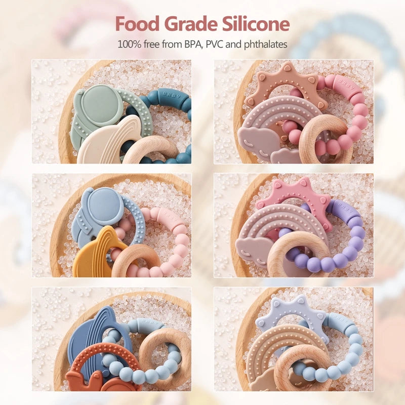 Anneau de dentition en silicone alimentaire (1 pièce), jouet pour bébé de 0 à 12 mois, anneau de dentition sensoriel pour tout-petits, bracelet de dentition planète en silicone. Accessoires inclus.