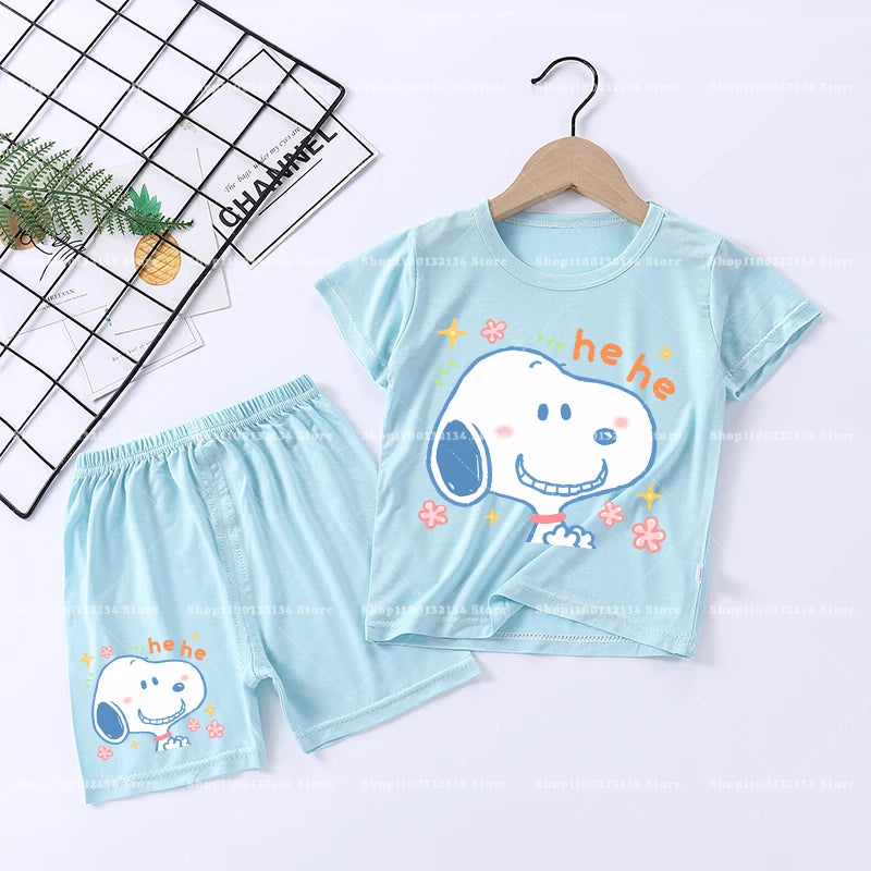 Snoopys Boy Girl Sleepwear Kawaii Cartoon Pyjamas Set Children Cute Home Wear Short Sleeves Shorts Baby Pajamas Summer Clothes