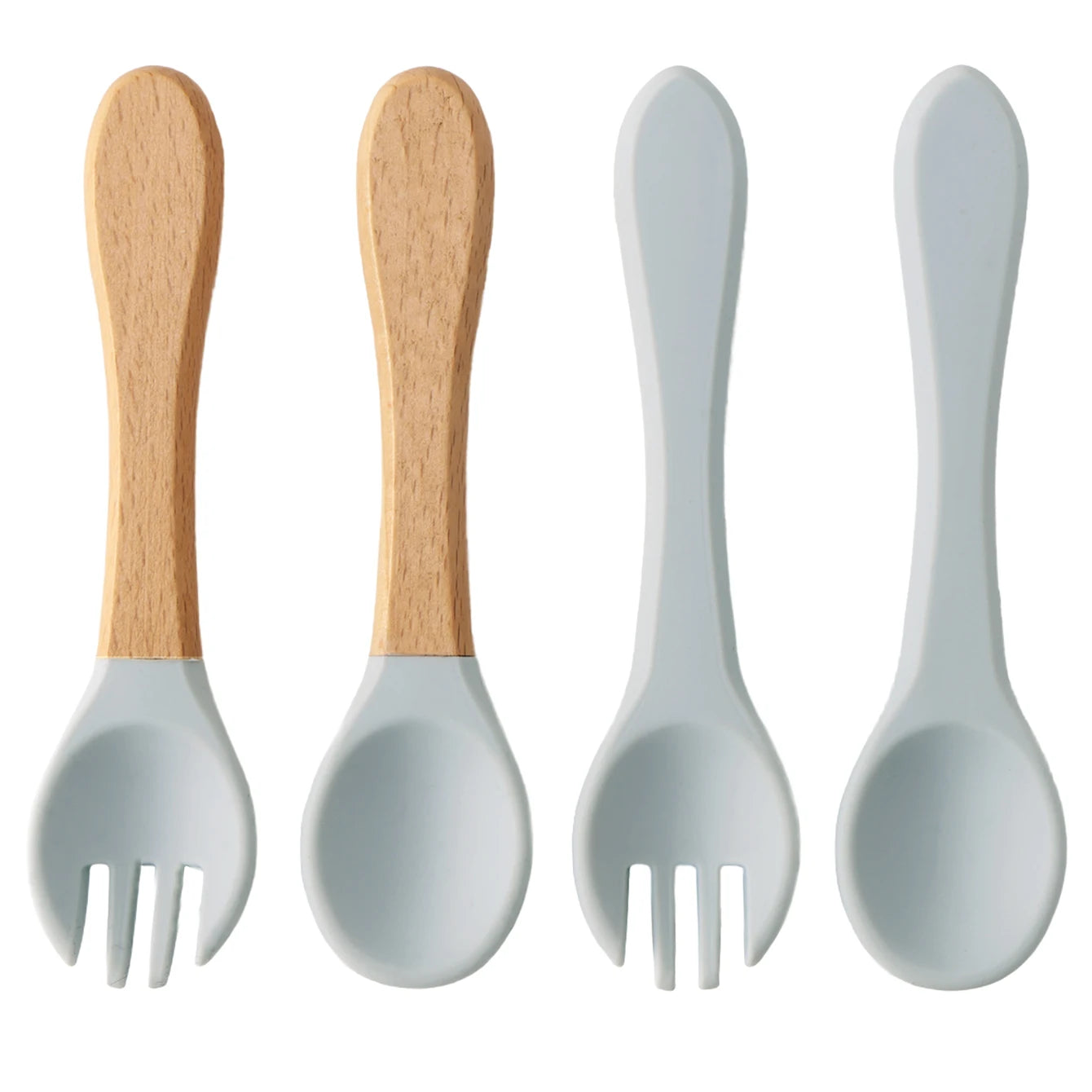 Ensemble de 4 cuillères et fourchettes en silicone Color Kids, sans BPA, avec manches en bois, pour l'apprentissage de l'alimentation des bébés et des nouveau-nés. Accessoires pour nourrissons et nouveau-nés.
