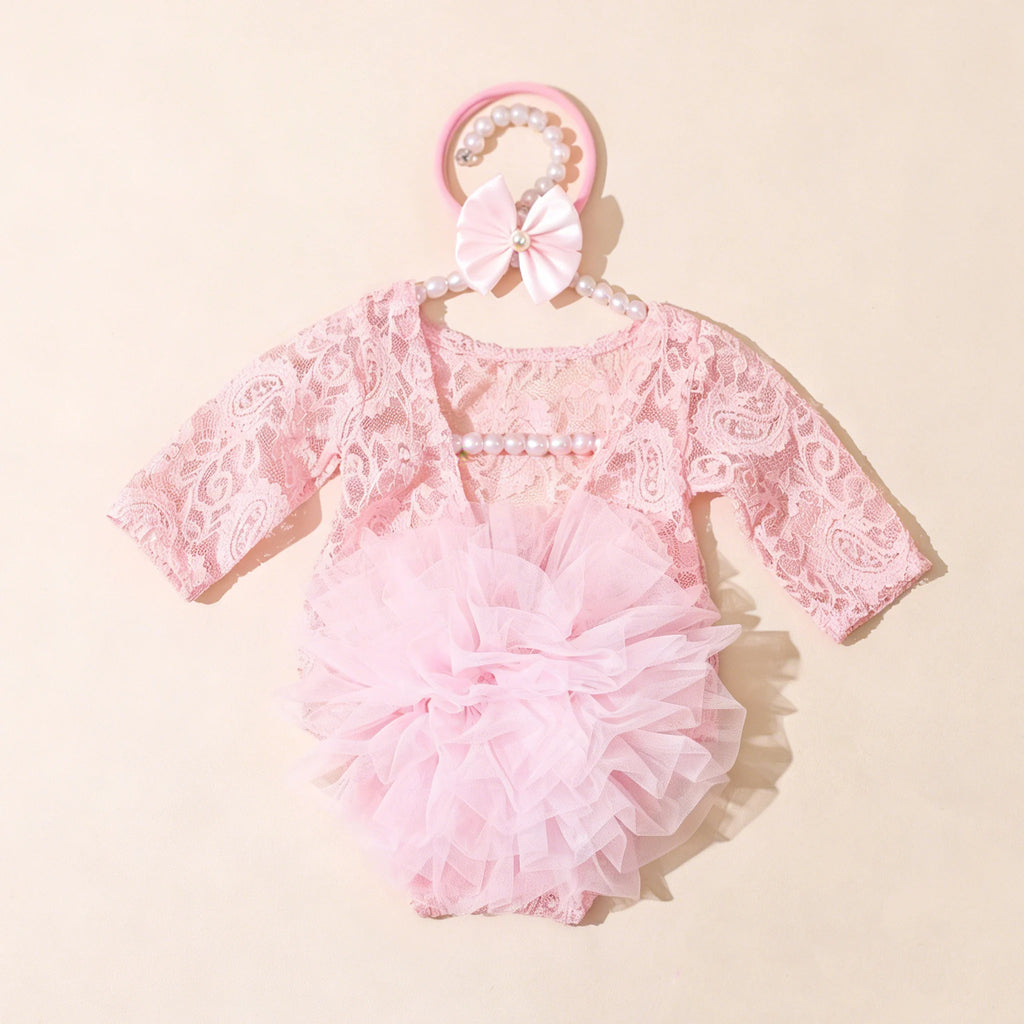 Ylsteed Newborn Lace Flower Headband And Bodysuit Set For 100th Day Baby Photoshoot Outfit Infant Photo Prop Baby Shower Gift-HD