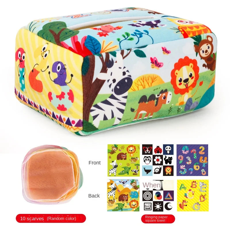 Jouet Montessori pour bébé, boîte à mouchoirs magique, jeu d'éveil sensoriel et éducatif pour enfants, jeu d'activités pour la motricité fine et le développement des doigts.