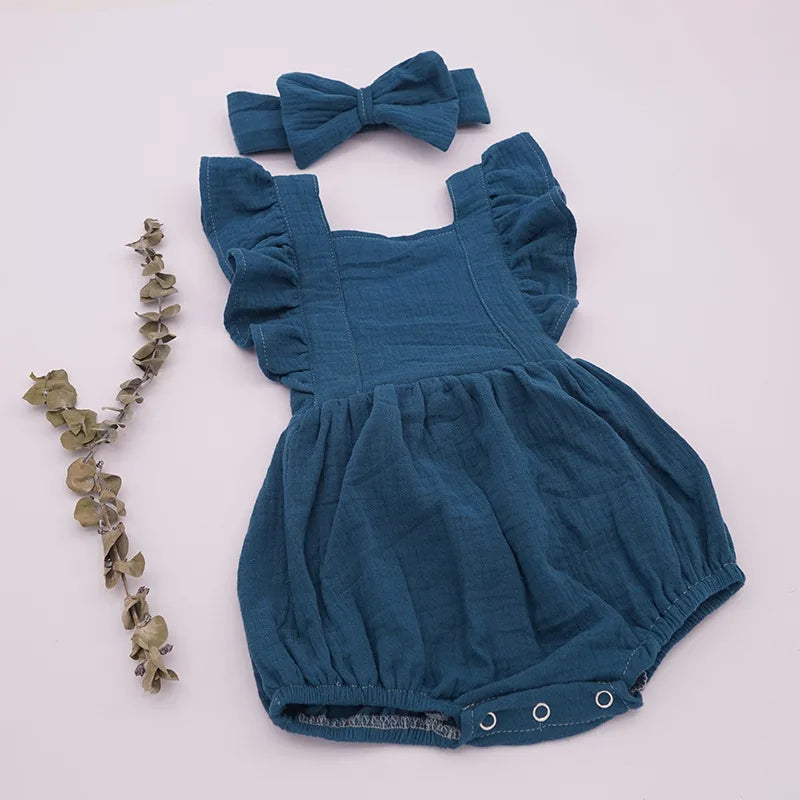 Personalized Summer Newborn Infant Baby Girls Romper + Headband Muslin Sleeveless Rompers Kids Onepiece Fashion Baby Clothing