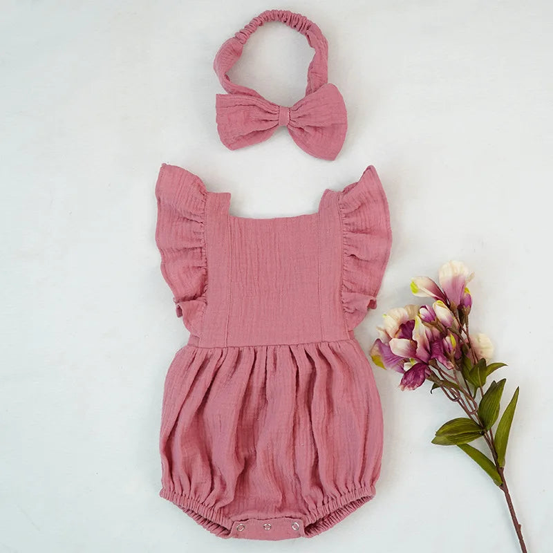 Personalized Summer Newborn Infant Baby Girls Romper + Headband Muslin Sleeveless Rompers Kids Onepiece Fashion Baby Clothing