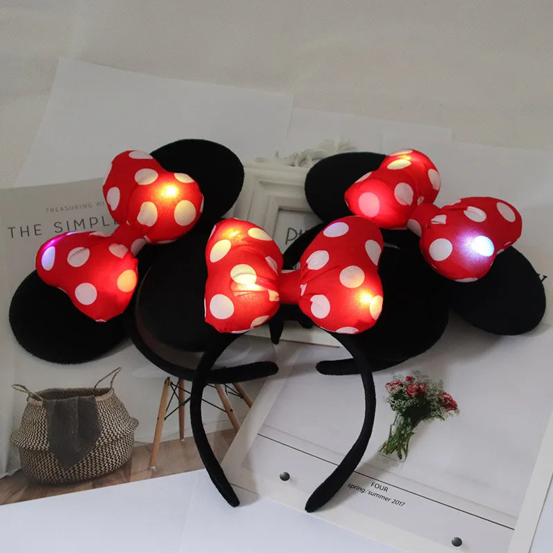 Serre-tête lumineux Minnie Mouse à oreilles de souris, nœud à pois, accessoires pour cheveux pour enfants, lumières clignotantes et jouets colorés.