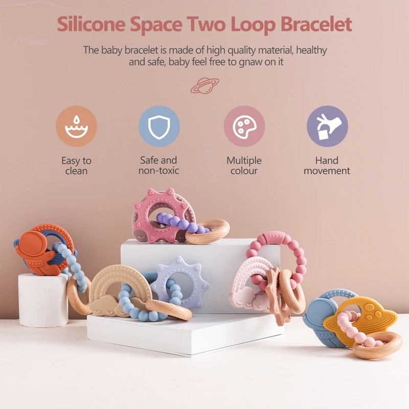 Anneau de dentition en silicone alimentaire (1 pièce), jouet pour bébé de 0 à 12 mois, anneau de dentition sensoriel pour tout-petits, bracelet de dentition planète en silicone. Accessoires inclus.