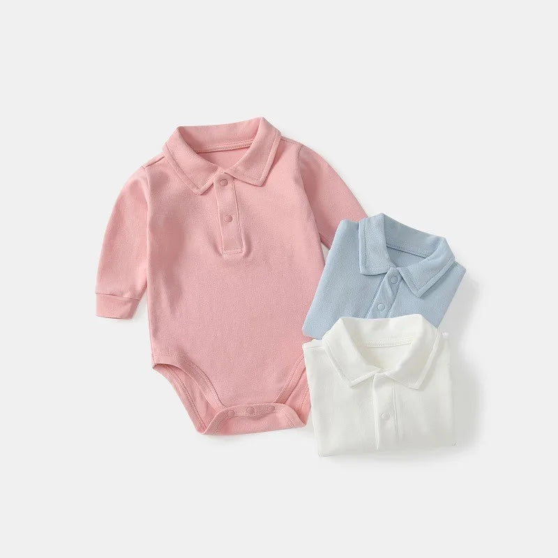 Baby Polo Collar Bodysuit 100% Cotton Long Sleeve Solid Color Onesie Spring Autumn Infant Toddler Romper Newborn Clothing 0-24M