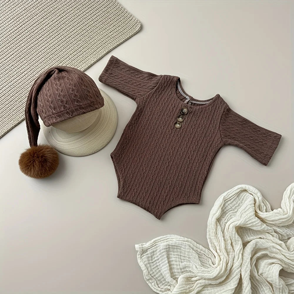 Newborn Photography Props Romper Long Tail Hat Set Soft Knitted Baby Jumpsuit Outfit Infant Photo Shoot Skin-friendly Costume