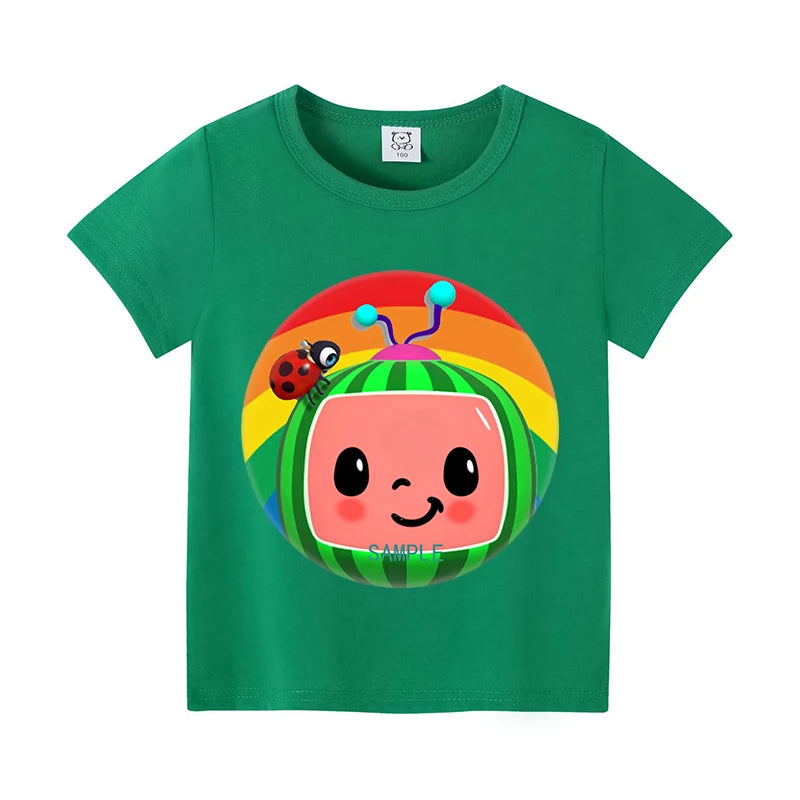 T-shirts Cocomelon pour bébés, manches courtes, en coton, imprimés de dessins animés, pour garçons et filles. Vêtements d'été. Nouveauté.