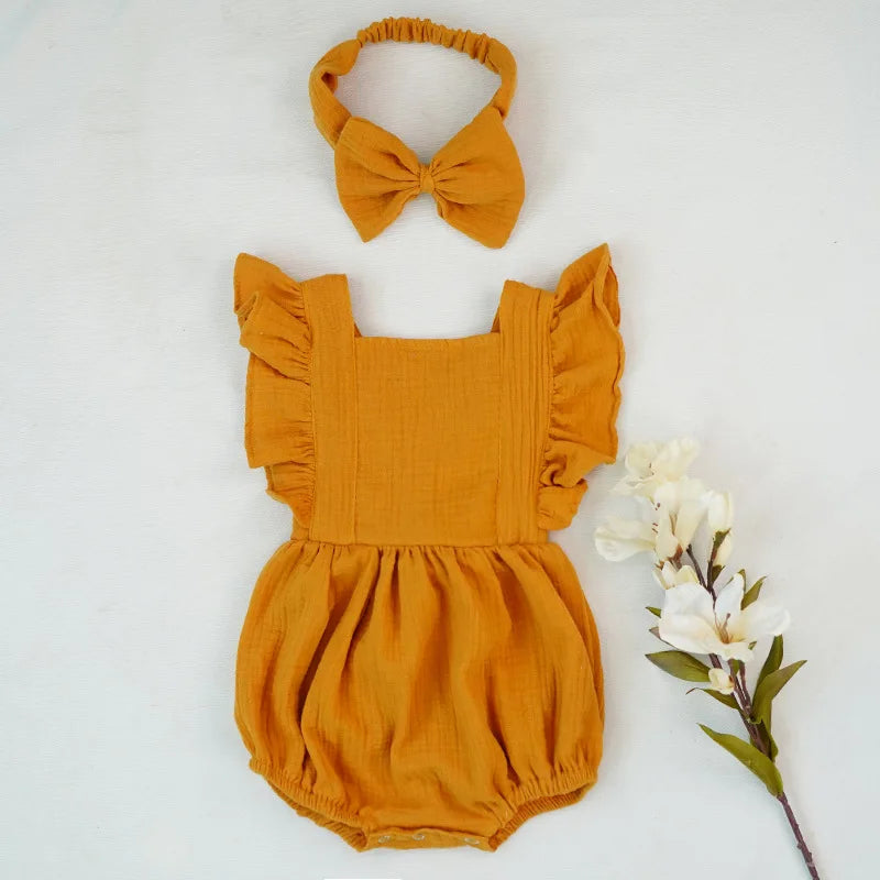 Personalized Summer Newborn Infant Baby Girls Romper + Headband Muslin Sleeveless Rompers Kids Onepiece Fashion Baby Clothing