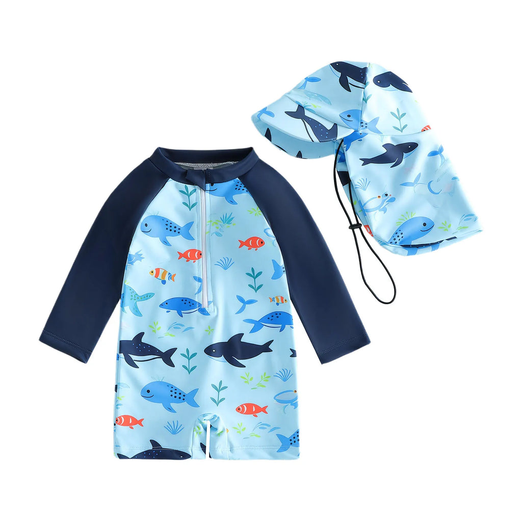 Toddler Baby Boys Rash Guard Swimsuit Romper Marine Print Long Sleeve Mock Neck Zipper Swimwear with Hat 2Pcs Set