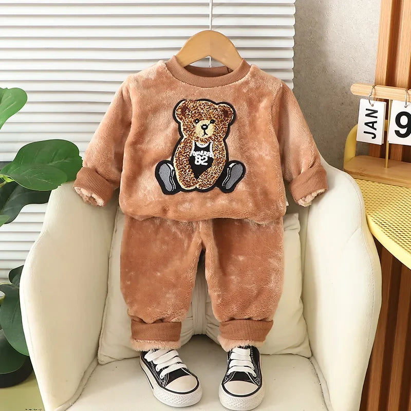 New Winter Baby Boys Clothes Children Cartoon Thick Warm Sleepwear T-Shirt Pants 2Pcs/Sets Toddler Girls Clothing Kids Pajamas