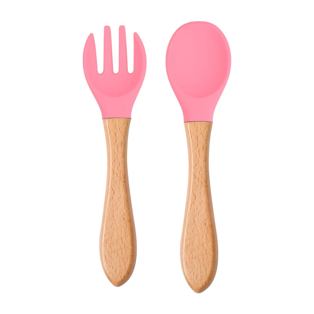 Ensemble de 2 cuillères et fourchettes en silicone pour bébé avec manche en bois - Accessoires d'alimentation pour nourrissons et tout-petits.