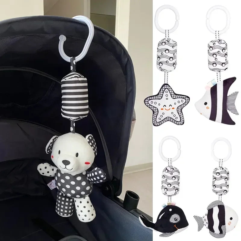 Hochet en peluche à suspendre à la poussette ou au lit, hochet pour bébé, noir et blanc, jouet d'éveil visuel pour enfants.