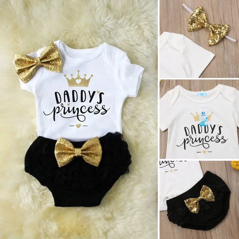 3PCS Cute Newborn Baby Girl Outfits Clothes Tops Bodysuit Shorts Pants Set