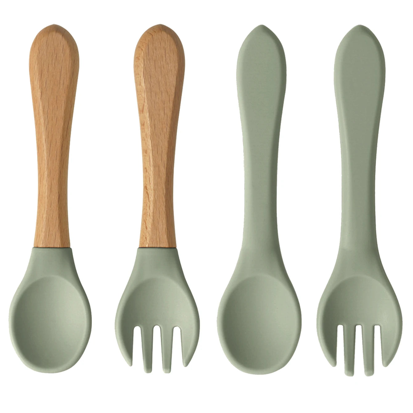 Ensemble de 4 cuillères et fourchettes en silicone Color Kids, sans BPA, avec manches en bois, pour l'apprentissage de l'alimentation des bébés et des nouveau-nés. Accessoires pour nourrissons et nouveau-nés.